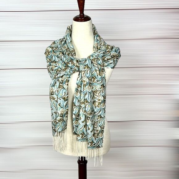 Precious Fibers Cashmere Oblong Scarf With Fringe Turquoise Brown Paisley - Picture 3 of 10